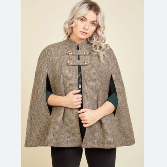 ModCloth Brown Tweed Wool Blend Cape, Size Small - Picture 1 of 4